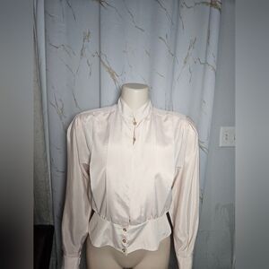 Vintage-Inspired Ivory Satin Long-Sleeve Blouse
